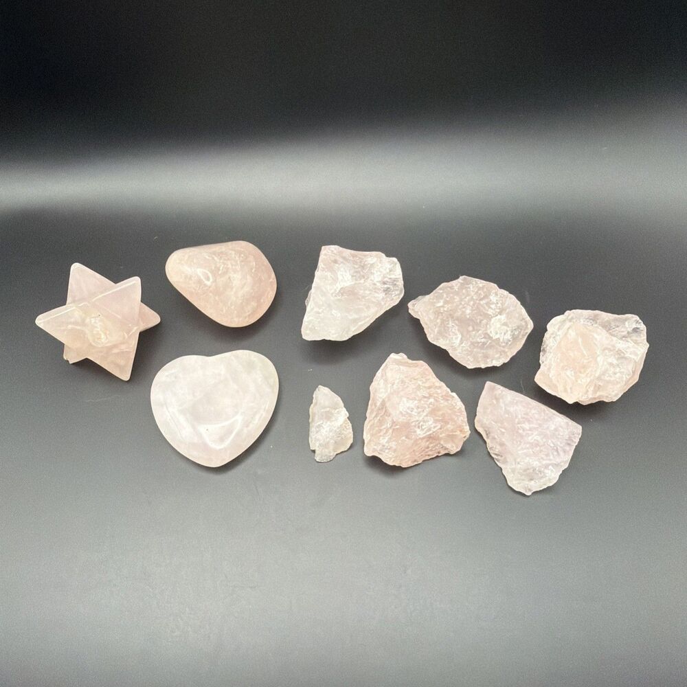 Rose Quartz Collection, 9 PCS w. Shape of Heart, Star, Polished and 6x Raw 293gr